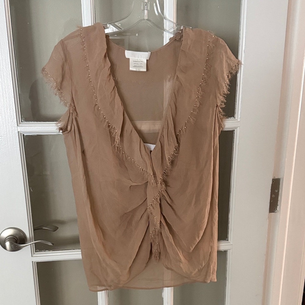 NICOLE FARHI Sheer Silk Brown Pearl Embellished Blouse size 4